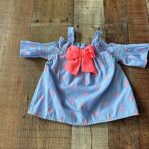 Little Lass Neon Coral and Blue Pink Flamingo Cold Shoulder Top with Bow -18M